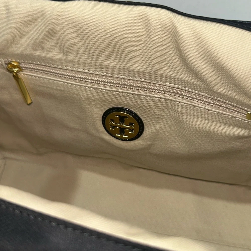 Tory Burch Tote Bag Handbag Nylon x Enamel Leather Black